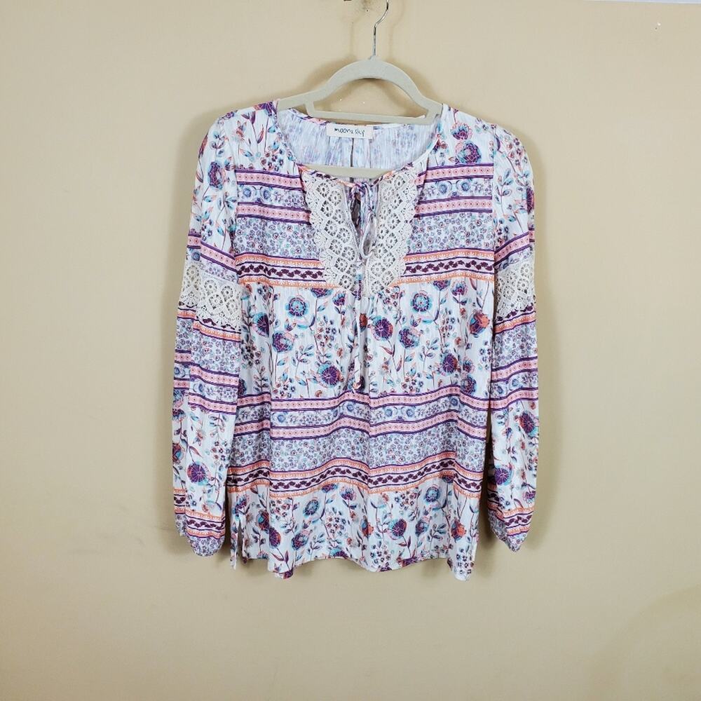 Moon & Sky Floral Long Sleeve BOHO Peasant Blouse Size S